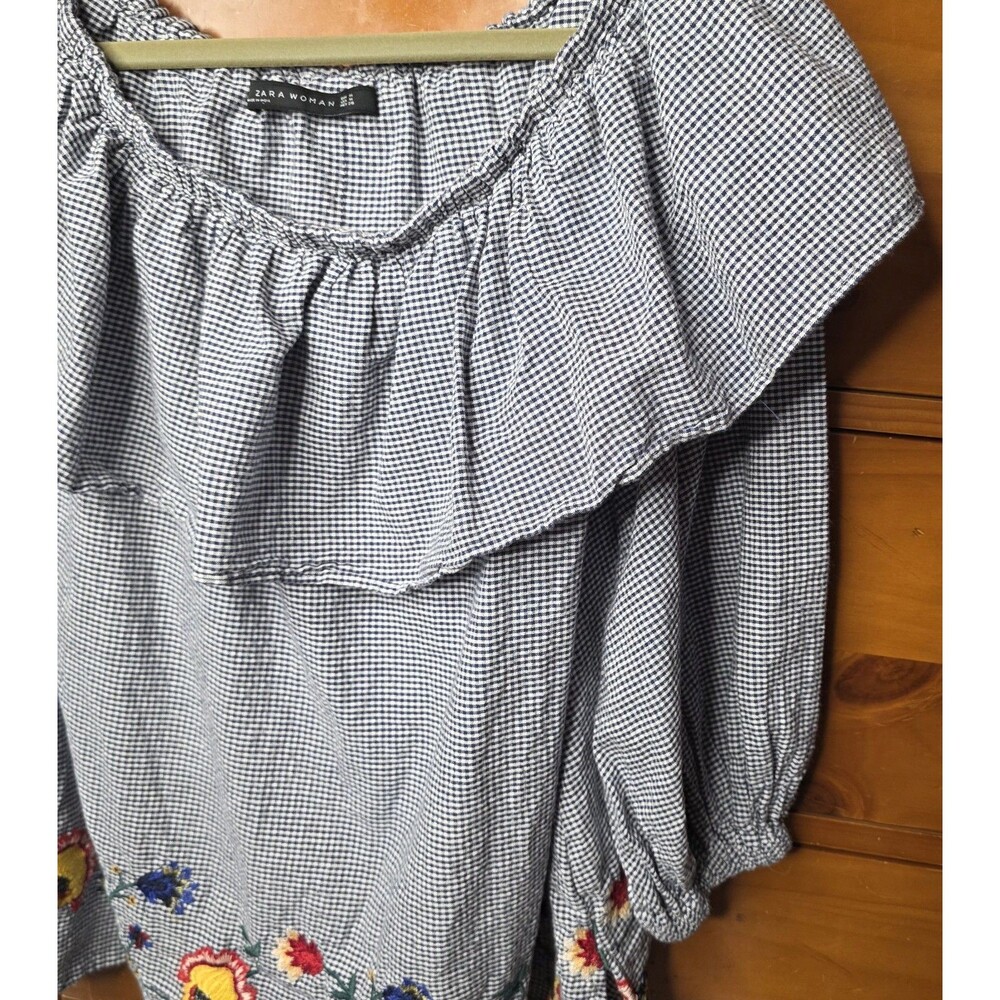 Zara Woman Peasant Blouse Size Medium Oversized Gingham Floral Embroidered - Picture 9 of 9